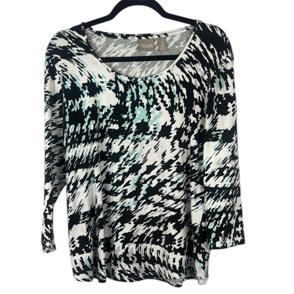 Chico's Cotton Blend Black and White Graphic 3/4 Sleeve Blouse Size 2 - Picture 1 of 9